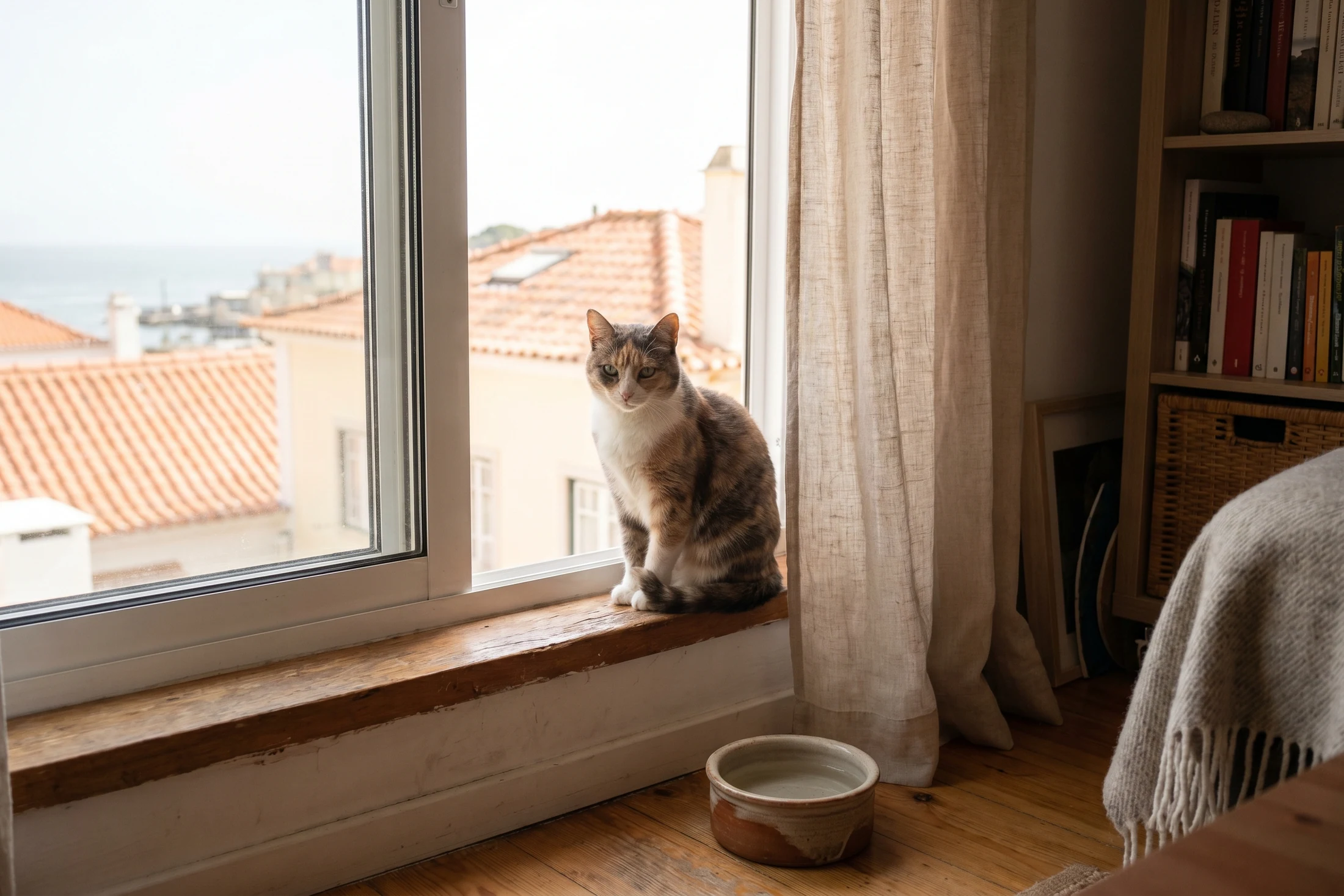 Calm cat by a Cascais apartment window with terracotta rooftops outside