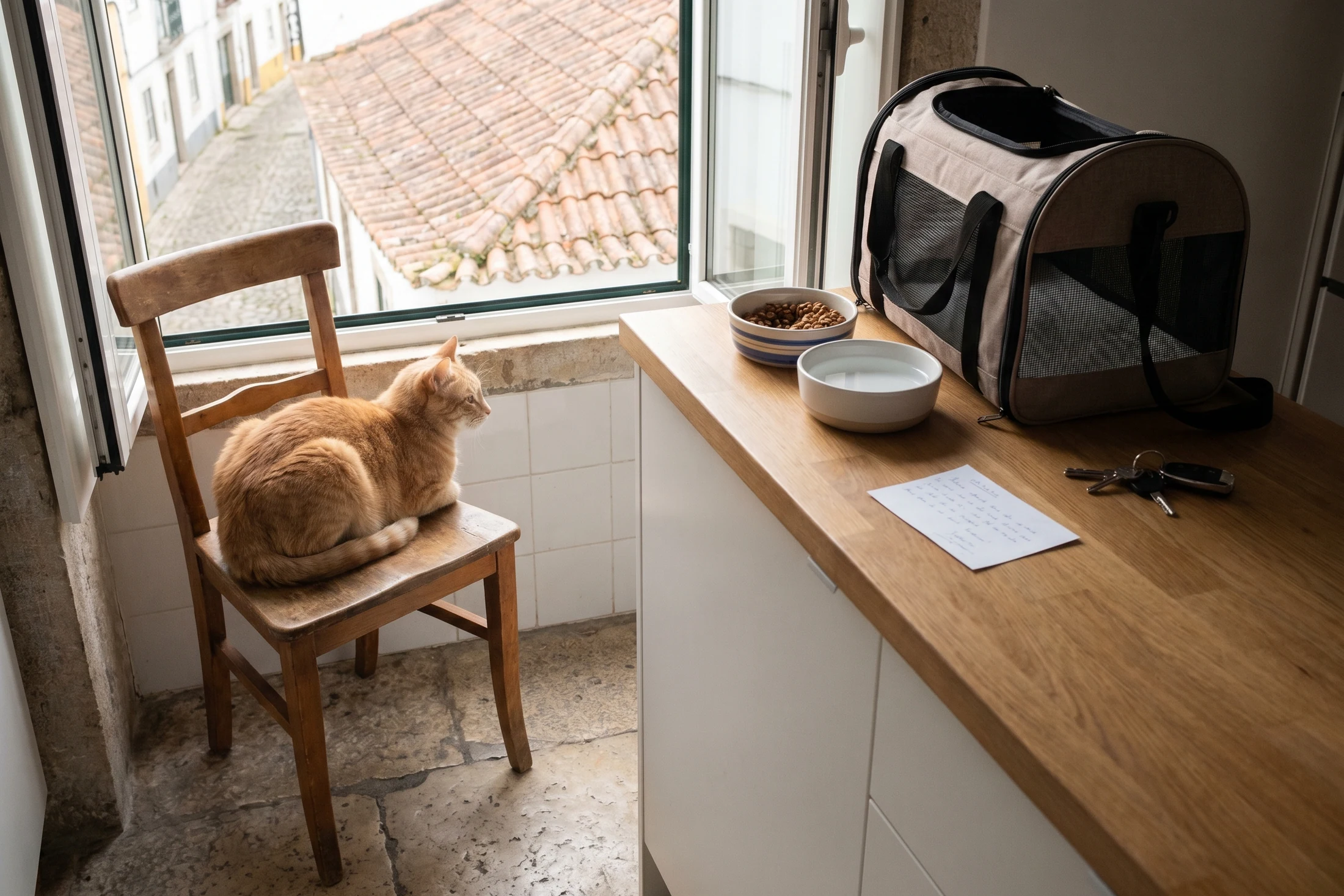 Cat beside a holiday handover setup with carrier, bowls and keys