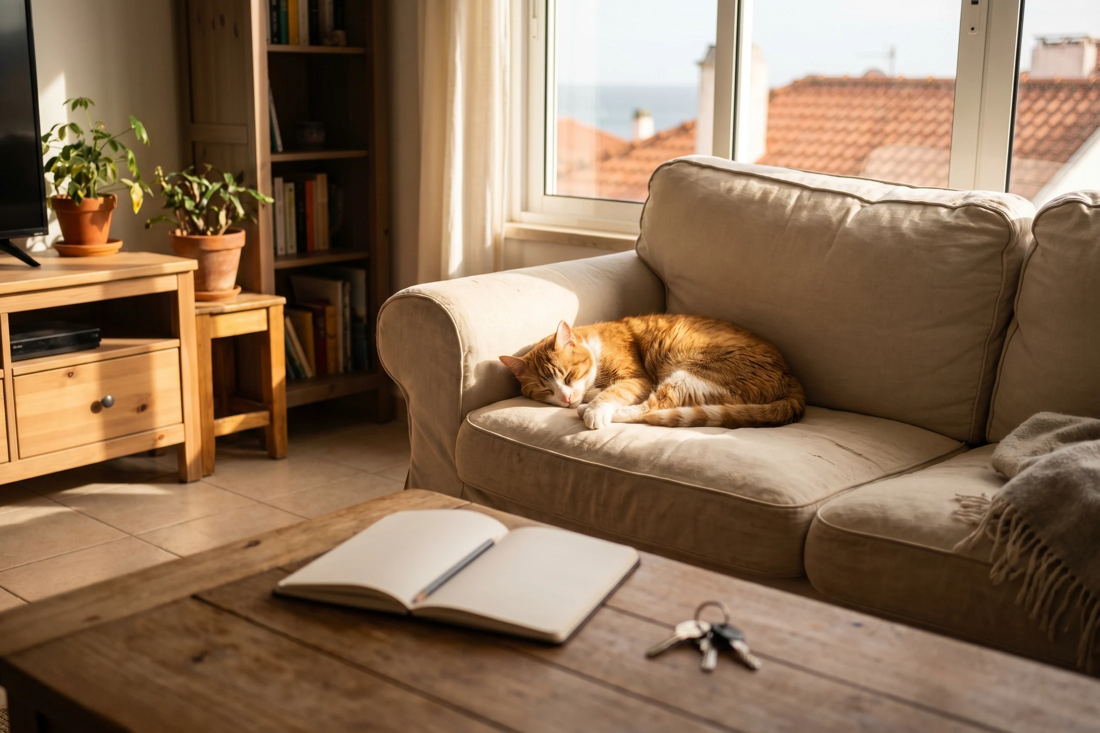 Cat napping on a sunlit sofa in a Cascais apartment