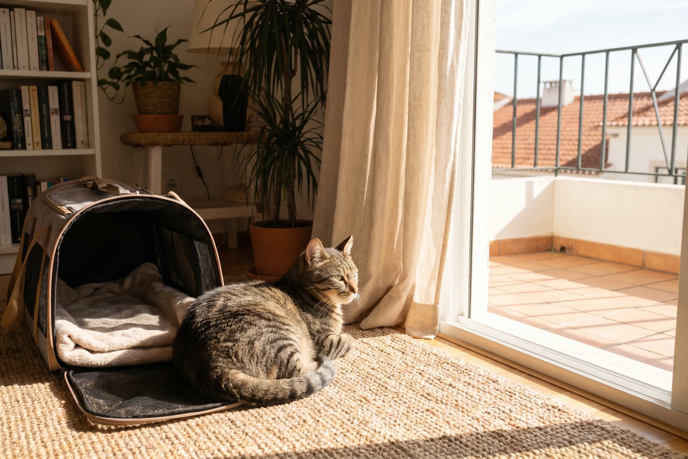 Relaxed cat beside an open carrier in a sunny Cascais apartment