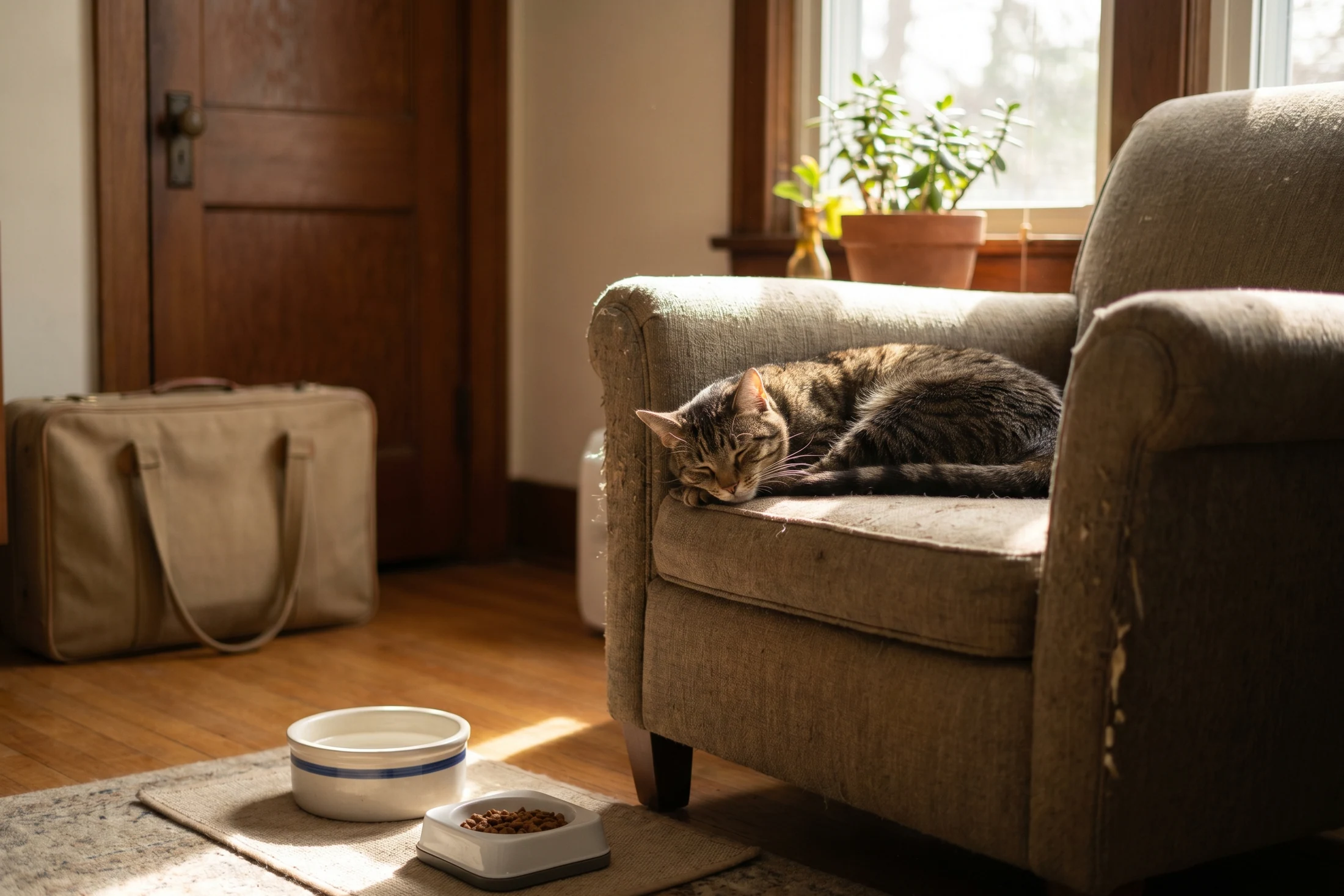 Cat resting in a sunny home with food, water and travel bag nearby